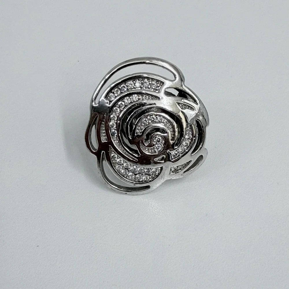 Lauren G Adams Silver Tone Metal Rose CZ Ring LGA Daisy Enamel Size 6 3/4 7